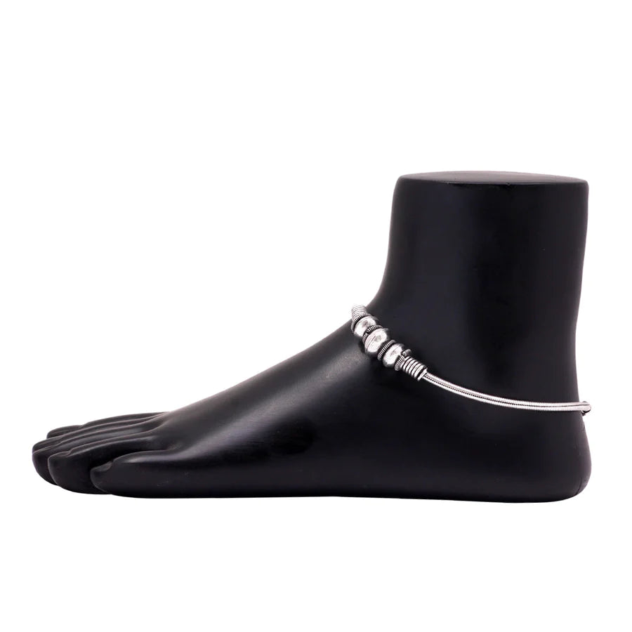 Silver Color Metallic Beads Traditional Look Anklet Set Of 1 Pair