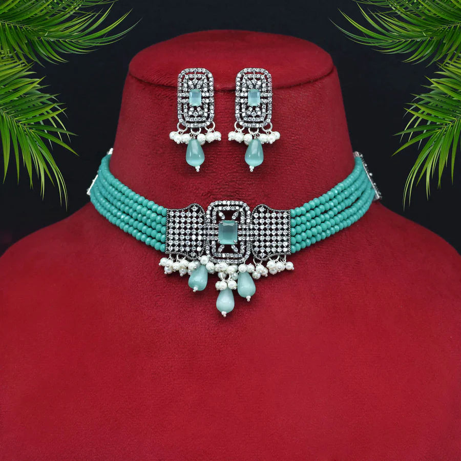 Rama Green Color American Diamond Choker Necklace Set