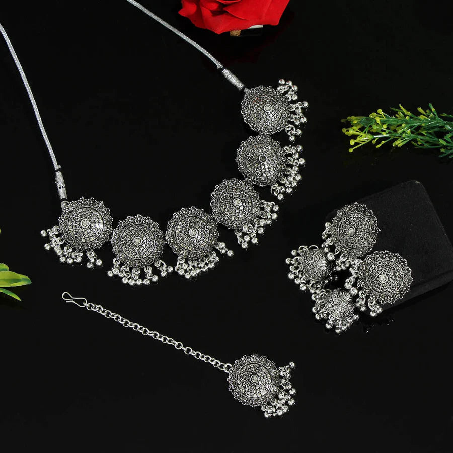 Silver Color Choker Oxidised Necklace Set