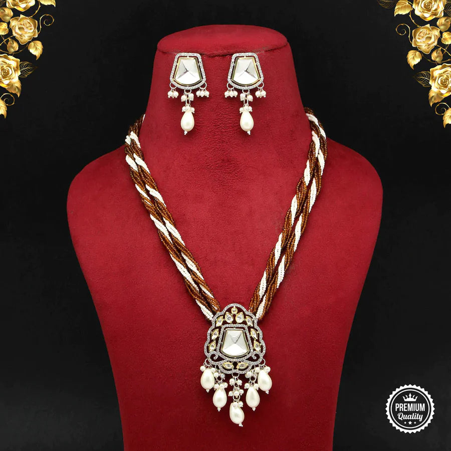 Brown Color American Diamond Premium Daak Polki Long Necklace Set