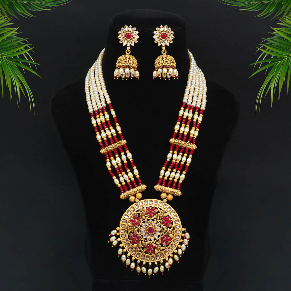 Maroon Color Rajwadi Matte Gold Necklace Set