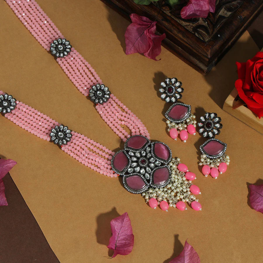 Pink Color Premium Black Metal Monalisa & AD Stone Brass Necklace Set