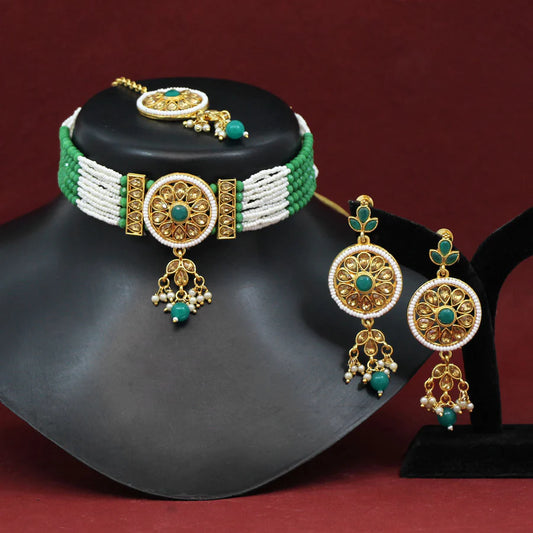 Green Color Choker Meenakari Necklace Set