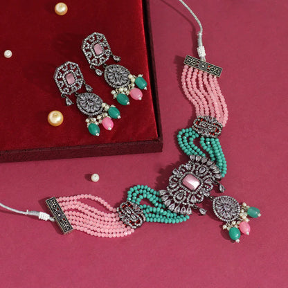 Pink & Rama Green Color American Diamond Choker Necklace Set