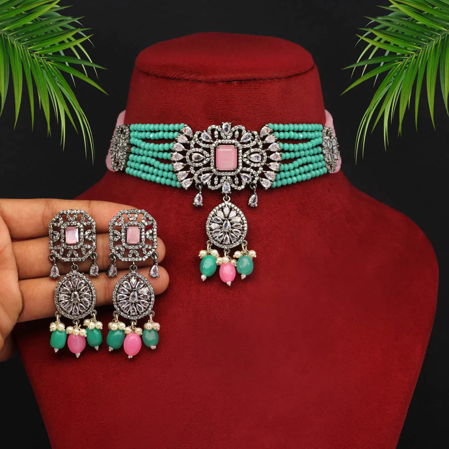 Pink & Rama Green Color American Diamond Choker Necklace Set