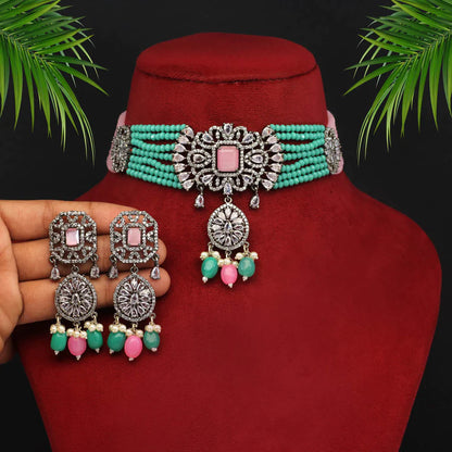 Pink & Rama Green Color American Diamond Choker Necklace Set