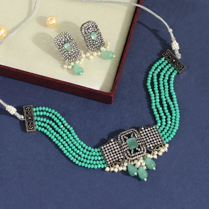 Rama Green Color American Diamond Choker Necklace Set