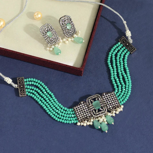 Rama Green Color American Diamond Choker Necklace Set