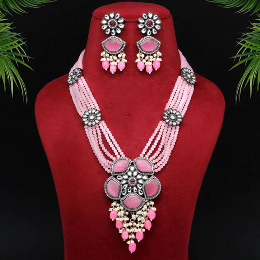 Pink Color Premium Black Metal Monalisa & AD Stone Brass Necklace Set
