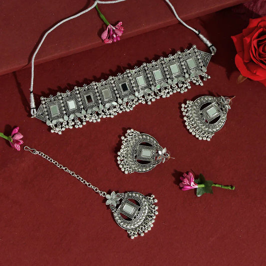 Silver Color Choker Oxidised Necklace Set