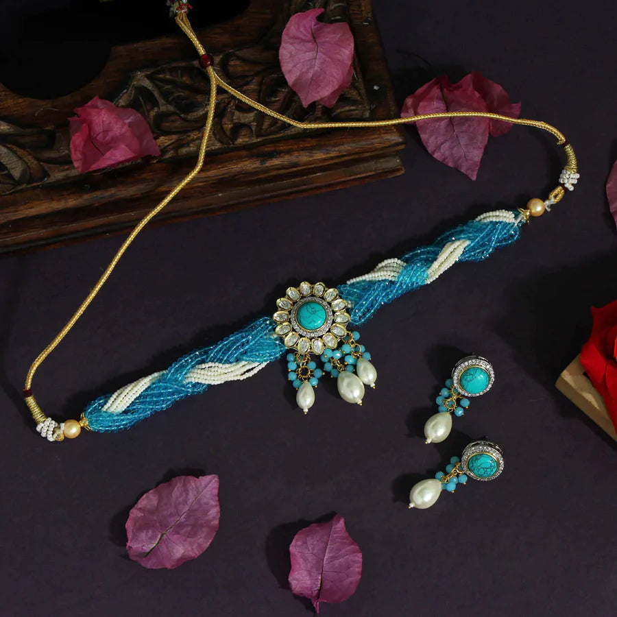 Firozi Color Choker American Diamond Premium Polki Necklace Set