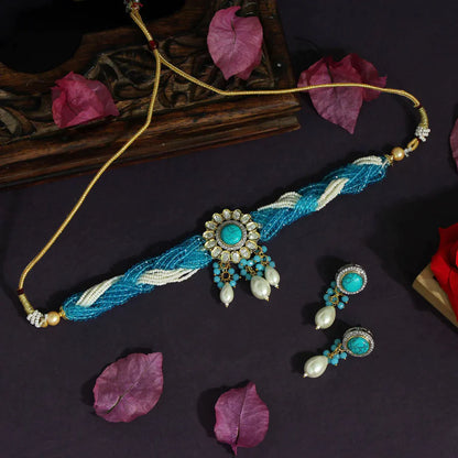 Firozi Color Choker American Diamond Premium Polki Necklace Set