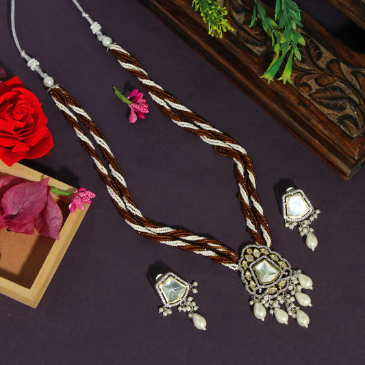 Brown Color American Diamond Premium Daak Polki Long Necklace Set